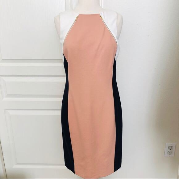 Ann Taylor color block dress gold zippers cream peach orange black - Picture 1 of 6